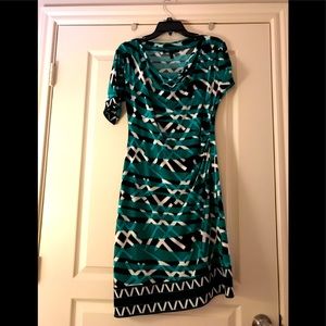 BCBG MAXAZRIA dress. Size Medium. Green / teal, silver, black and white pattern.